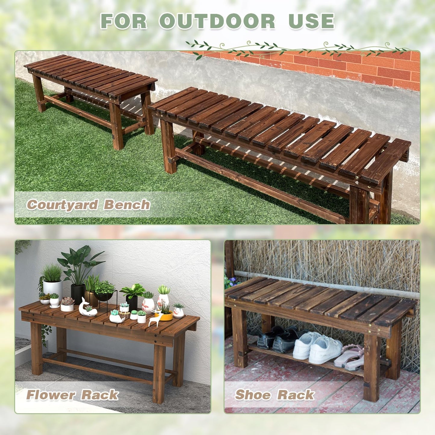 Outdoor Garden Bench, 3-Person Wood Patio Bench Weatherproof Outdoor Backless Bench, Anti-Corrosion and Anti-Rust Garden Benches for Garden Lawn Porch Park Backyard (Carbonized,47.25''/120cm)-VerdiqueGarden