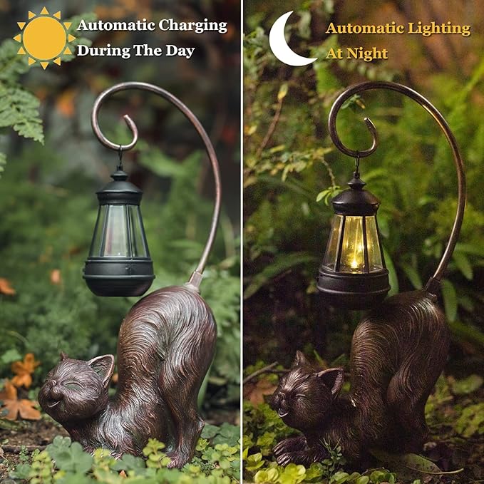 Laughing Cat Figurine with Solar-Powered LED Light, 15.7 Inches Tall Antique Bronze, Perfect for Gift Garden Decor or Housewarming for Cat Lovers.-VerdiqueGarden