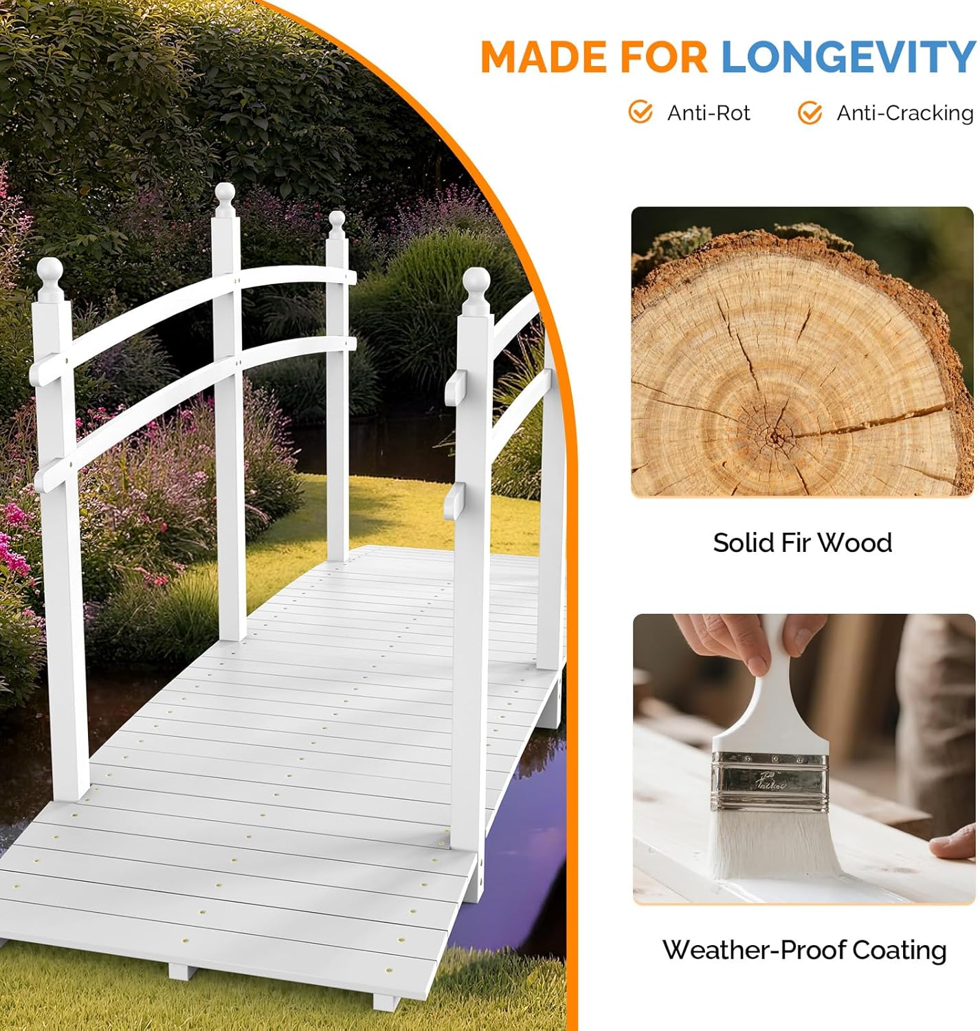 VINGLI Garden Bridge, Classic Wooden Arch with Safety Rails Footbridge (White, 7.5 ft)-VerdiqueGarden