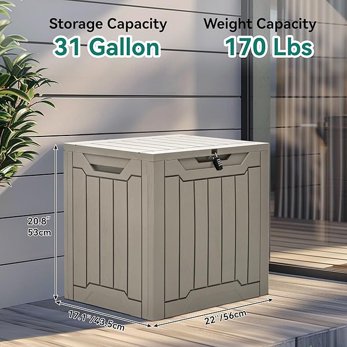 YITAHOME 31 Gallon Outdoor Storage Box, Resin Deck Box and Waterproof Package Delivery Box for Gardening Tools, Pool Supplies, Patio Furniture, Lockable, Taupe-VerdiqueGarden