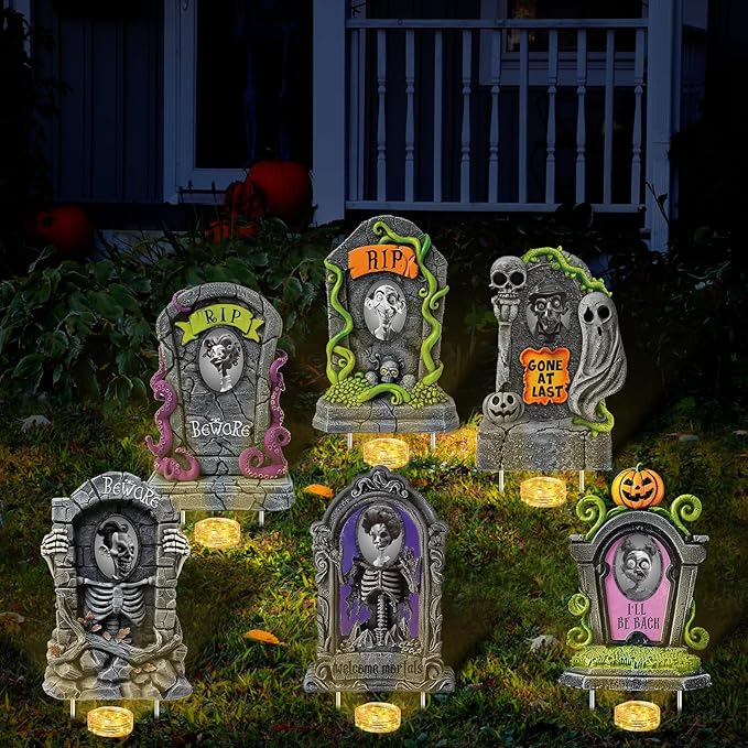 Hiboom 6 Set Large Halloween 3D Changing Face Rip Graveyard Tombstones and 23.6x15.7 Inch Halloween Skeleton Headstone 6 Pcs LED String Lights Halloween Decoration for Yard Garden Lawn-VerdiqueGarden
