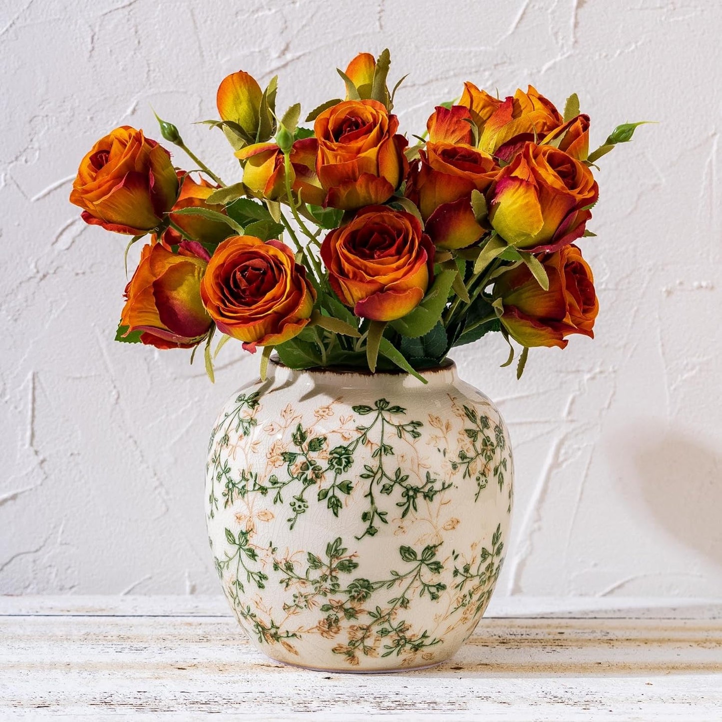 Vintage Green and Beige Round Pastoral Vase, Round Ceramic Floral Vases, Retro Ice Cracked Chinoiserie Vase for Home Decor, Living Room, Bookshelf, Office, Rustic Table Centerpiece 6.7 Inch-VerdiqueGarden