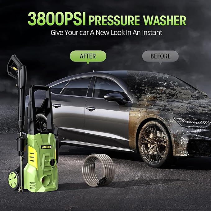 Electric High Pressure Washer - Portable Washer with 23 FT Water Outlet & 6.6 FT Inlet Hose, Steel Spray Wand, Foam-Adjustable Cannon,4 Nozzle Set, Cleans Car/Patio/Fence/Window, 3800PSI 2.4GPM-VerdiqueGarden