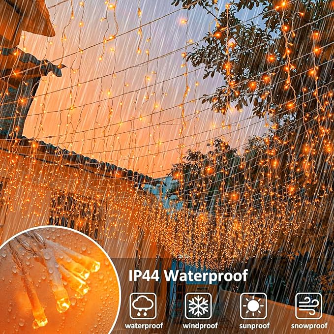 Icicle Lights for Outside, 33FT 400 LED Christmas Lights with 8 Modes Waterproof, Plug in Connectable Curtain Hanging Lights for Outdoor Indoor House Roof Party Wedding, Orange-VerdiqueGarden