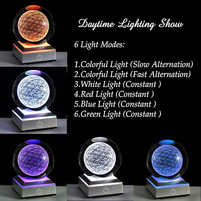 Qianwei Flower of Life Crystal Sphere with Led Colorful Lighting Touch Base, Sacred Geometry Crystal Ball Starlight Magic, Feng Shui Decor Laser Engraved Seek of Flower Inside A Sphere-VerdiqueGarden