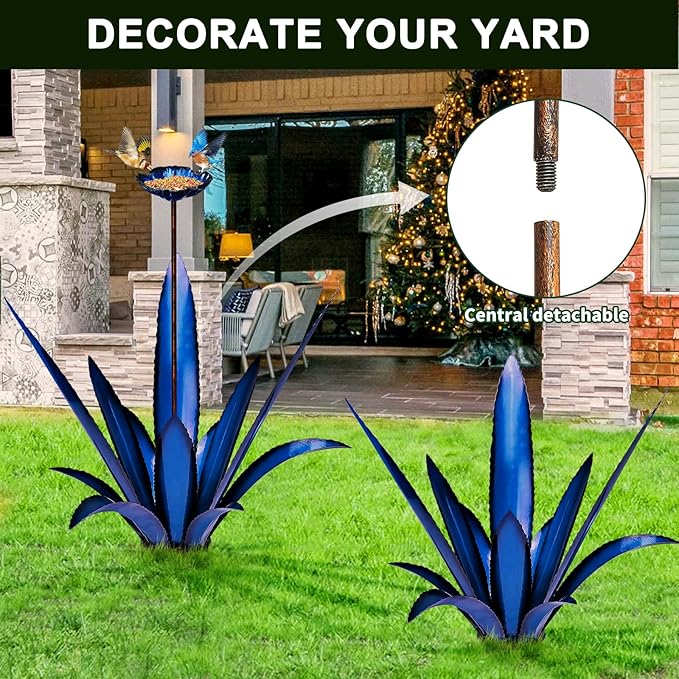 Upgraded Large Metal Yard Art, Metal Agave Plant Yard Decorations Outdoor Sculpture, Metal Flowers for Outside, Waterproof Outdoor Garden Decor (Blue+ Bird Feeder)-VerdiqueGarden