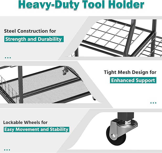 EVERHANGER Garden Tool Organizer Stand, Garage Tool Storage Organization, Yard Tool Racks with lockable wheels, Fit for Long-Handled Tools/Rakes/Brooms, Indoor/Outdoor Use-VerdiqueGarden