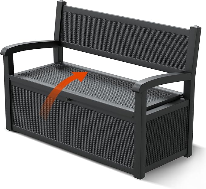 80 Gallon Outdoor Storage Box, Resin Patio Furniture with Armrest, Lockable Deck Box with Waterproof and UV Resistant for Patio Cushions, Garden Tools and Pool Supplies, Black-VerdiqueGarden