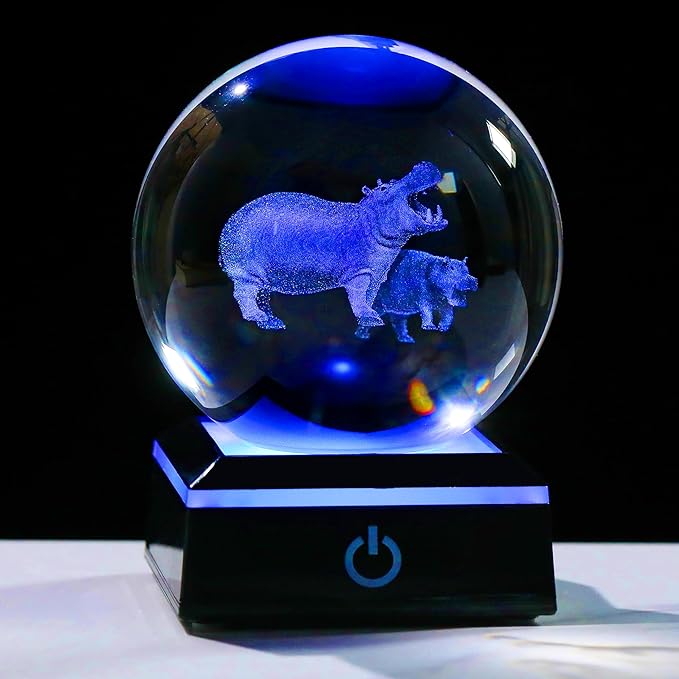 Qianwei Hippopotamus Gifts for Women 3D Crystal Ball 3.14'' - Laser Hippopotamus Decor Glass Animals Hippo Gifts Figurines Statue Stuff for Room Decorations Hippo Night Light-VerdiqueGarden