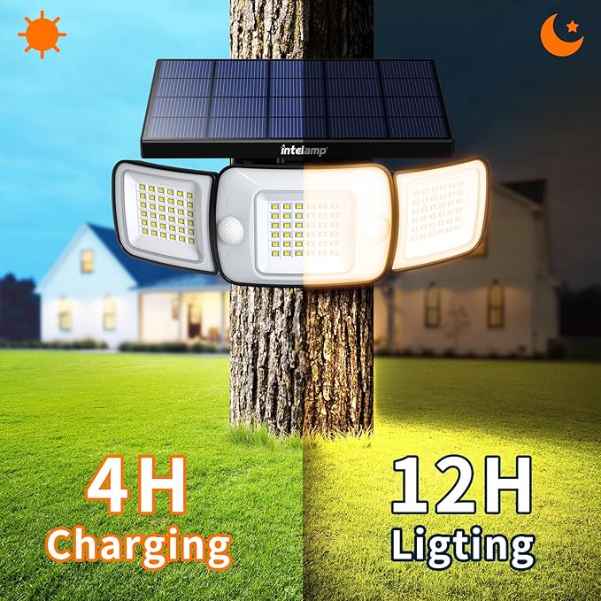 intelamp Solar Flood Lights Outdoor Waterproof, 6000mAh 1200LM Solar Powered Dual Motion Sensor LED Warm Lighting Dusk to Dawn Security Floodlight Exterior with Remote for Outside Garden House Patio-VerdiqueGarden
