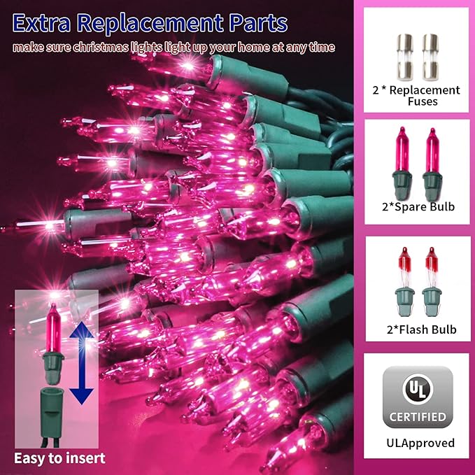 Ultra-Bright Connects End to End Pink Christmas Mini Lights 100L 19.6Ft UL Listed Incandescent Bulb String Light Set for Indoor Outdoor Holiday Garden Party Christmas Tree Garland Decor-VerdiqueGarden