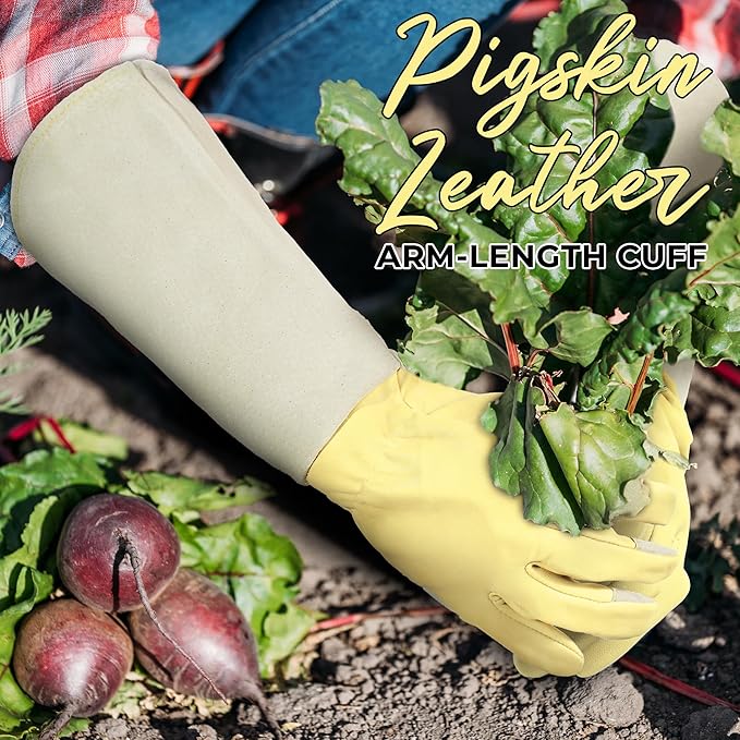 HANDLANDY Rose Pruning Gardening Gloves for Men Women, Thorn Proof Forearm Protection Leather Garden Gloves, Gardening Gifts for Gardeners (Beige- goatskin, Medium (Pack of 1))-VerdiqueGarden