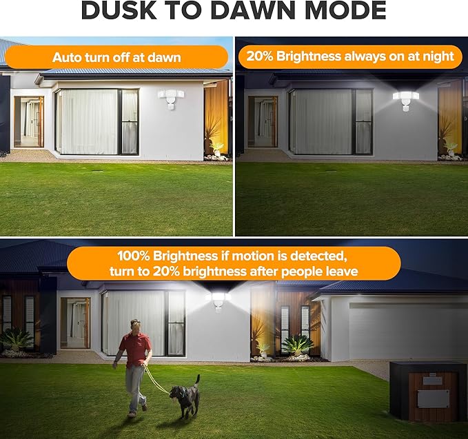 UME 49W 5500LM LED Security Lights Motion Sensor Light Outdoor, 5000K Daylight, IP65 Waterproof, Dusk to Dawn, 3 Head Motion Detected Flood Light for Garage, Yard, Porch(White)-VerdiqueGarden