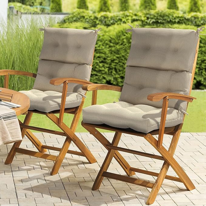 LVTXIII Outdoor Seat and Back Chair Cushion Patio Tufted High Back Cushion with Ties, Seasonal Replacement Rocking Chair Cushion for Home Office Garden Use, 44” L x 22” W, Set of 2, Stripe Beige-VerdiqueGarden