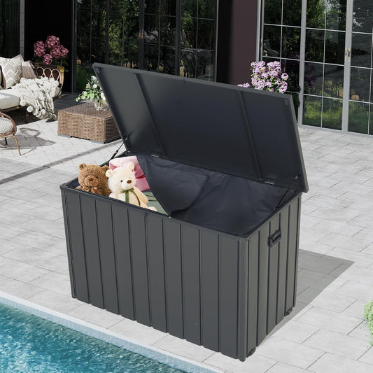 Outdoor Storage Box, 200 Gallon Metal Deck Box Built-in a Oxford Fabric Storage Bag, Lockable & Waterproof Outside Patio Storage Box for Cushions, Pillows, Tools, Pool Floats- Grey-VerdiqueGarden