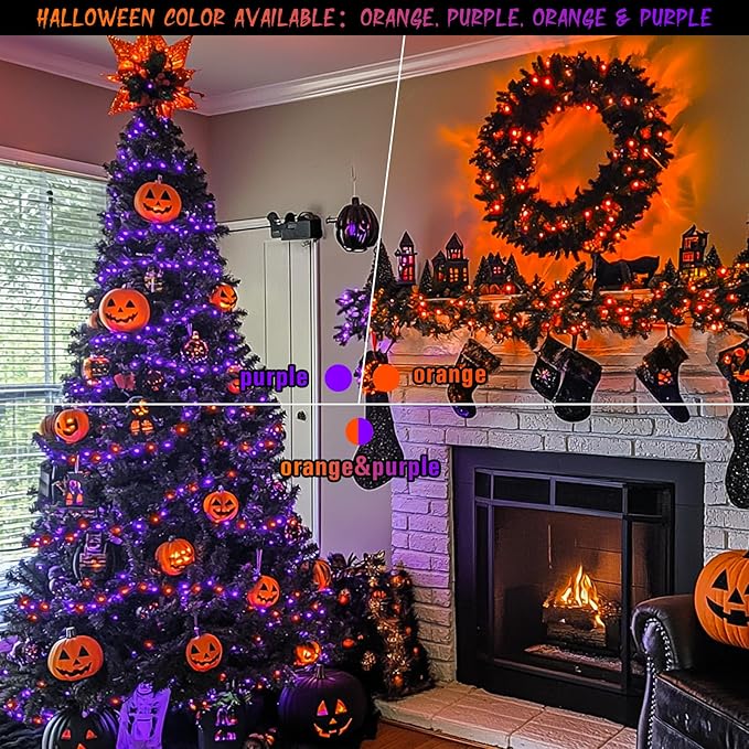 JMEXSUSS Halloween Decoration Lights, 200 LED Orange Purple Halloween Lights Clear Wire, 11 Modes Connectable Halloween String Lights Indoor Outdoor Plug in for Halloween Tree Decorations-VerdiqueGarden