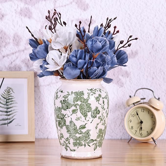 Vintage Vase for Flowers,Green Chinoiserie Ceramic Vase,Rustic Farmhouse Cracked Vases,for Flower Arrangement,Living Room, Office, Shelf, Fireplace Tables,Centerpieces,Chinoiserie Pottery Decor(B)-VerdiqueGarden