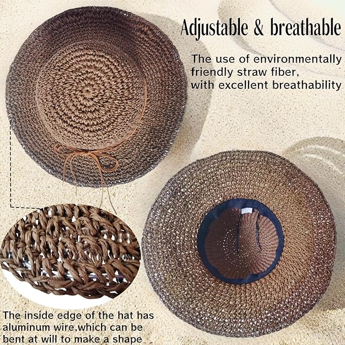 Womens Straw Beach Sun Hats, Foldable Packable Floppy Handmade Crochet Hats for Women,Large Summer Vacation Wide Brim Hat-VerdiqueGarden