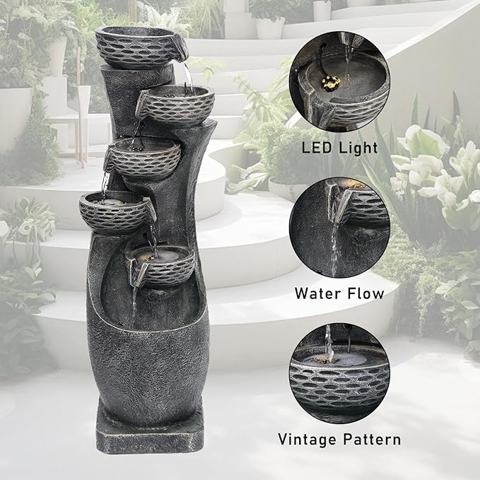 35.83''H Indoor Outdoor Modern Water Fountain 6-Tiers Garden Cascading Fountains Curve Shape Floor Standing Waterfall Water Feature with LED Light for Yard Deck Patio Home Art Decor-VerdiqueGarden