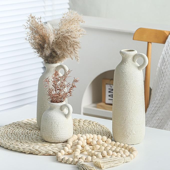 Ceramic Vase Set of 3 with Handle, Neutral Rustic Vases Home Decor Farmhouse Decorative Vase Whitewashed Pottery Decor Modern for Table Mantel Entryway Bookshelf Living Room Kitchen Bedroom - White-VerdiqueGarden