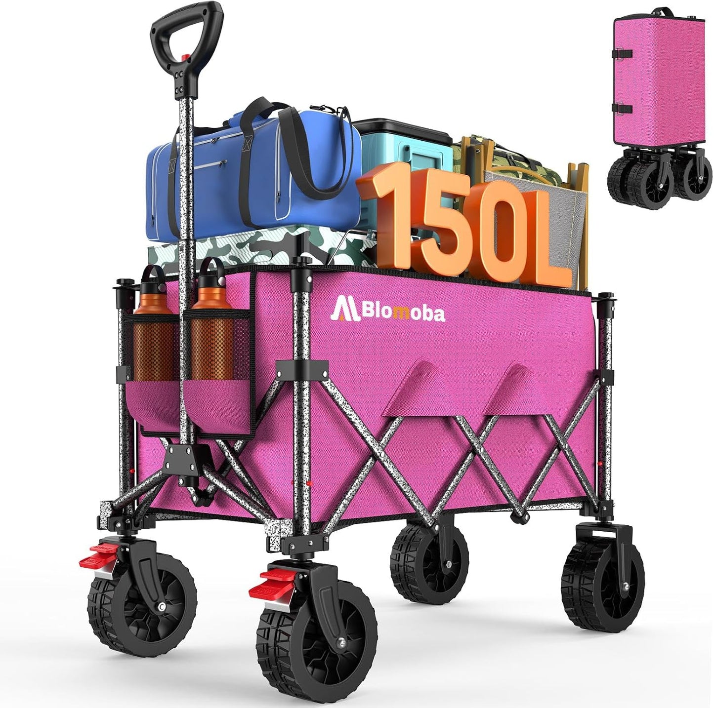 Collapsible Wagon Cart, 150L Heavy Duty Foldable Beach Wagon with Wider Wheels & Auto-Rebound Handle, Utility Grocery Shopping Cart for Garden, Shopping, Camping, Sports, Pink-VerdiqueGarden