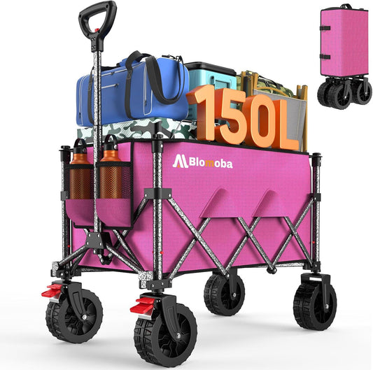 Collapsible Wagon Cart, 150L Heavy Duty Foldable Beach Wagon with Wider Wheels & Auto-Rebound Handle, Utility Grocery Shopping Cart for Garden, Shopping, Camping, Sports, Pink-VerdiqueGarden