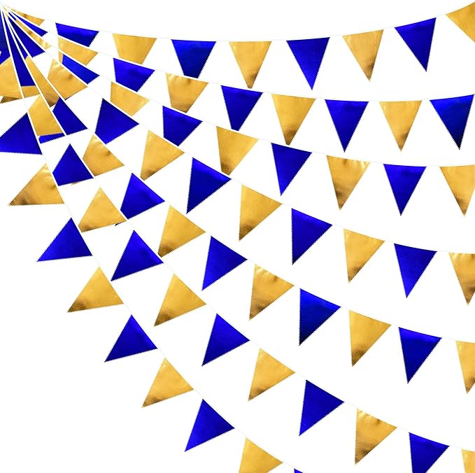 Royal Blue Gold Party Decoration Navy Blue Gold Triangle Pennant Banner Flag Metallic Fabric Bunting Garland for Graduation Birthday Wedding Retirement Bridal Shower Nautical Ahoy Achor Party Supplies-VerdiqueGarden