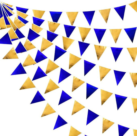 Royal Blue Gold Party Decoration Navy Blue Gold Triangle Pennant Banner Flag Metallic Fabric Bunting Garland for Graduation Birthday Wedding Retirement Bridal Shower Nautical Ahoy Achor Party Supplies-VerdiqueGarden