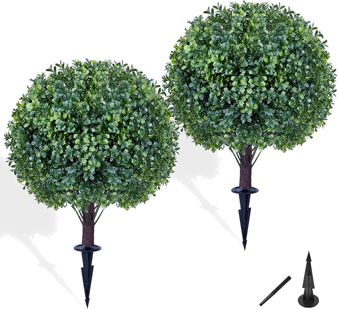 Artificial Boxwood Sphere Bushes Set of 2 Lifelike - UV Resistant Faux Shrubs with Stakes for Effortless Porch, Planter & Indoor Decor 16in FZHCZWZX-VerdiqueGarden