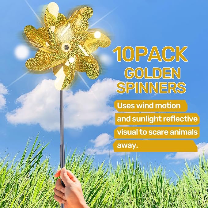 BATTIFE Golden Pinwheels for Garden, 10 Pack Reflective Wind Spinner to Scare Birds Away, Sparkly Pinwheel Deterrent, Outdoor Gold Pinwheel for Lawn and Patio-VerdiqueGarden