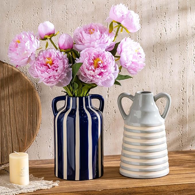 Ceramic Grey and White Checkered Stripes Vase with Handles, Hand-Painted Modern Bohemian Floral Vases Home Decor, Cottage Core Decor, Flower Vases for Bouquet Tabletop Bedroom Office Bookshelf 8.9 in-VerdiqueGarden