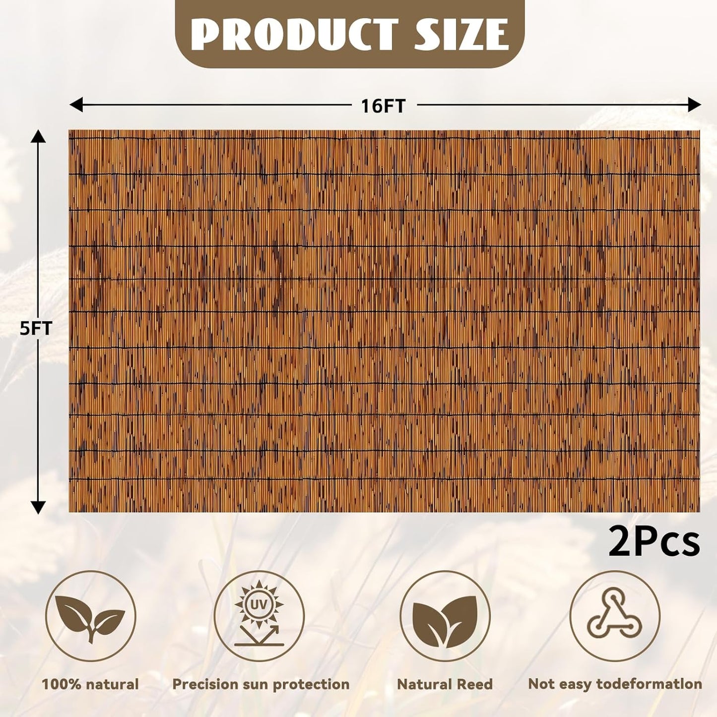 Bamboo Reed Fencing, Light Russet Decorative Bamboo Privacy Fence 5ft High, Reed Curtains for Patio Garden Balcony Outdoor Privacy Screen, 5 x 16 FT (2 Pcs)-VerdiqueGarden