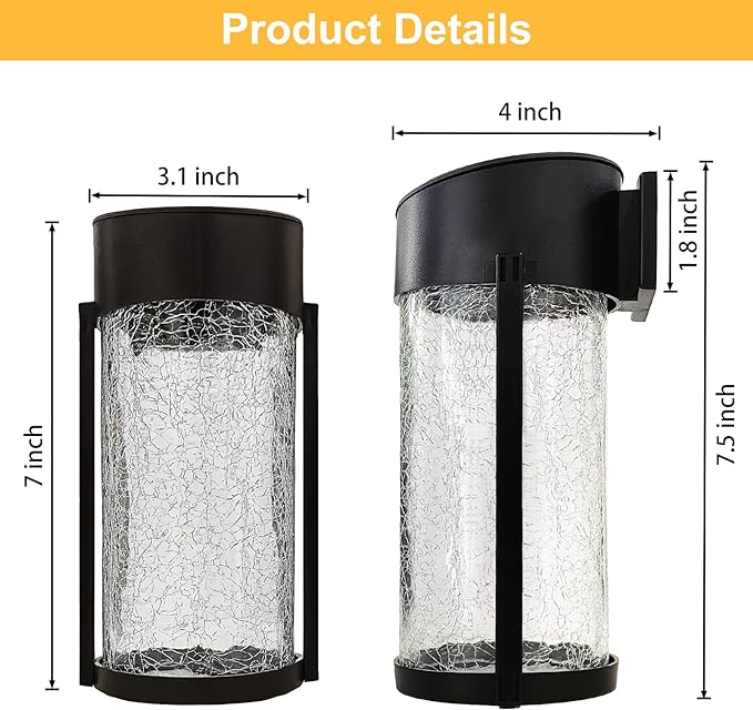 Solar Outdoor Wall Lights Fixture Set of 2 Porch Lights Crackled Glass Diffuser with Warm White LED-VerdiqueGarden