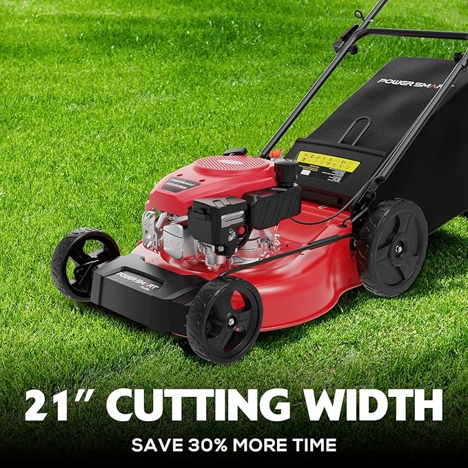 PowerSmart 21-inch Gas Push Lawn Mower, 144cc 4-Stroke Engine with Easy Adjustable Cutting Height, High Wheels, 2-in-1 with Mulch, Bag-VerdiqueGarden