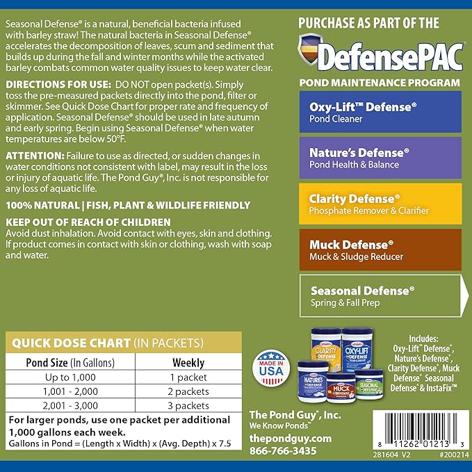 The Pond Guy Seasonal Defense, Spring & Fall Beneficial Bacteria, Barley & Enzymes, Cold Water Pond Sludge & Scum Treatment, Fish & Plant Safe, 12 Packets-VerdiqueGarden