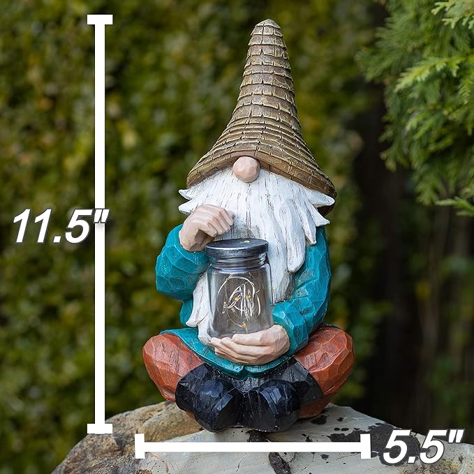 VP Home Firefly Jar Gnomes - Outdoor Garden Gnome with Solar Light - Durable Garden Decorations for Yard, Lawn, Patio - 10.5H x 7W x 5.5D - Weather-Resistant Gnome Statue-VerdiqueGarden