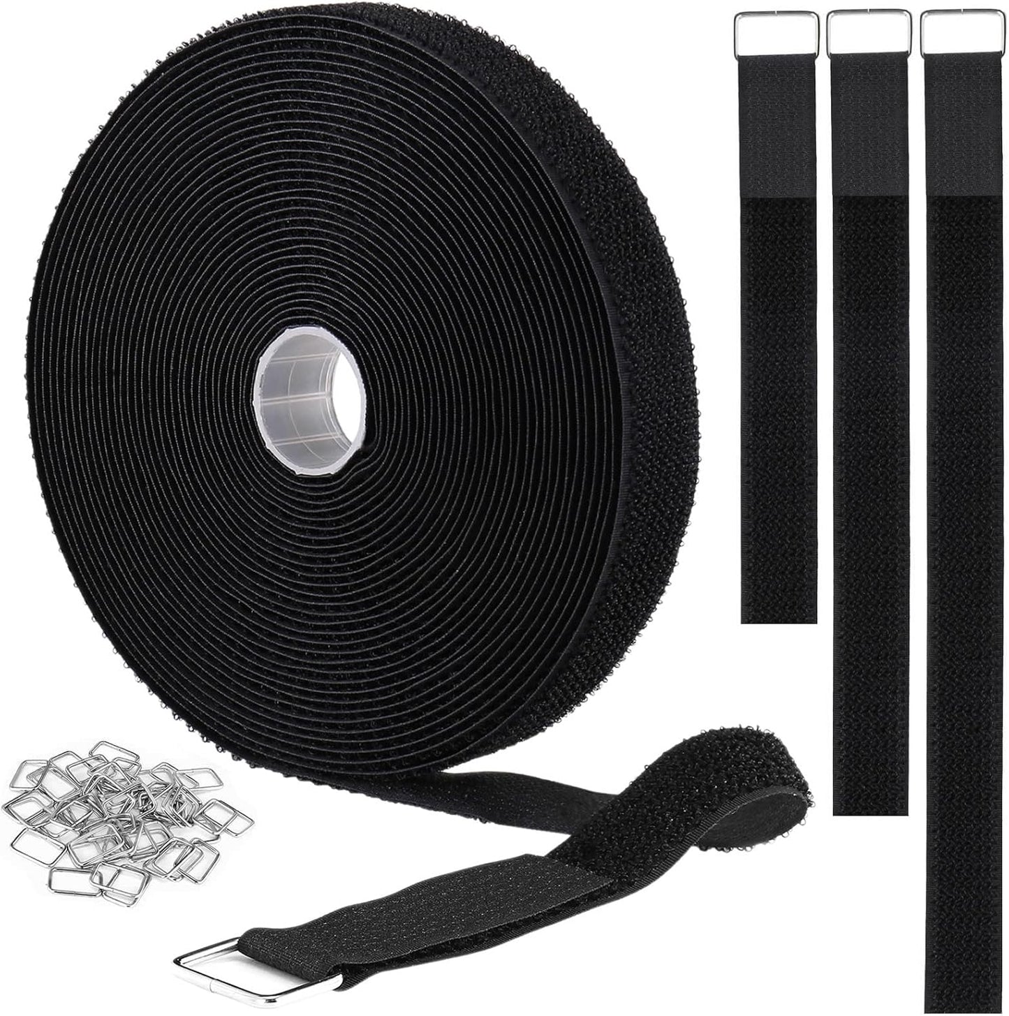 1"x32ft Hook and Loop Straps with 50 Metal Buckles, Adjustable Fastening Cable Straps, Cut-to-Length Cinch Strap, Reusable Nylon Securing Cord Ties for Organizer or Storage, 1 inch Wide, Black-VerdiqueGarden