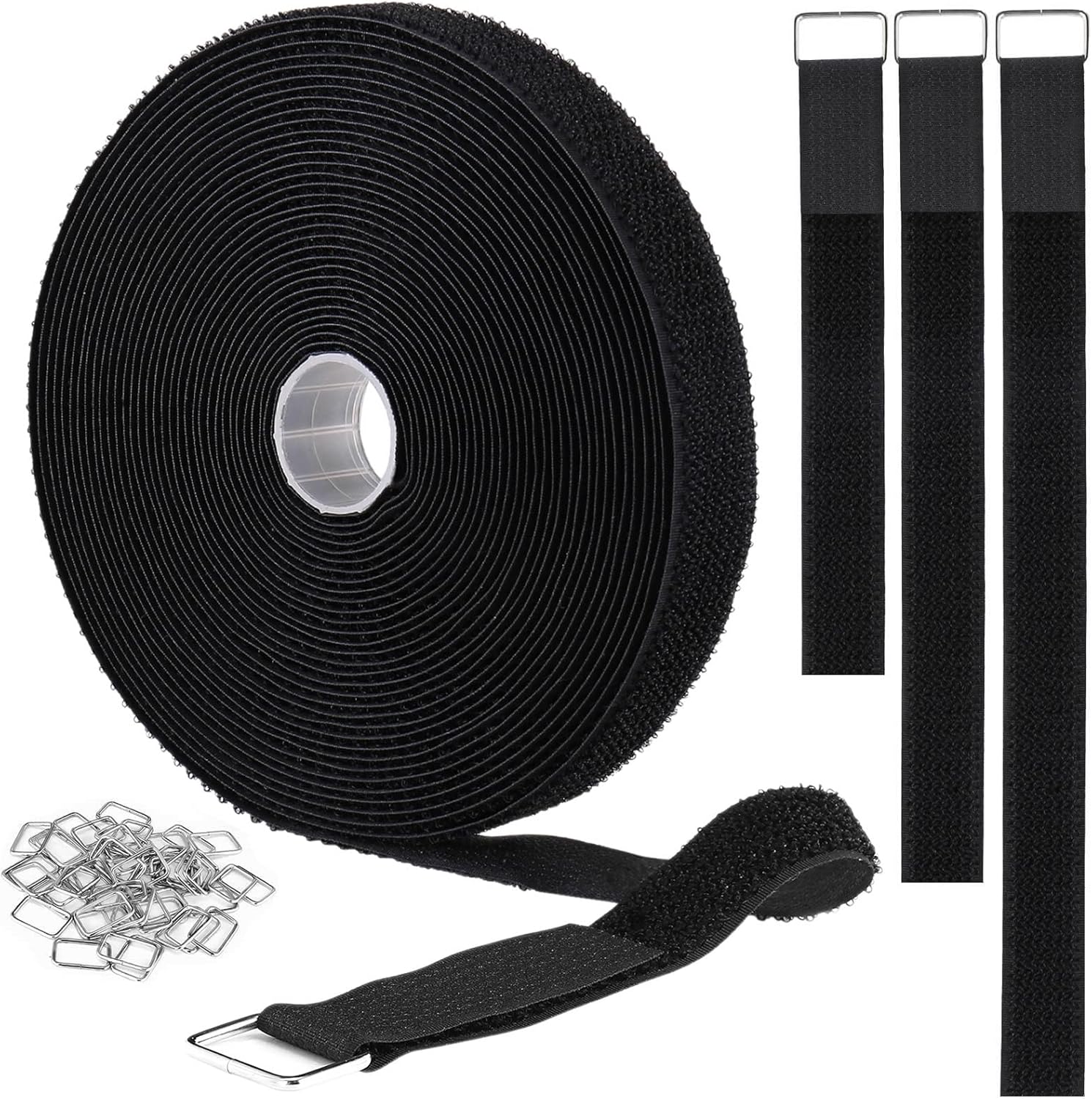 1"x32ft Hook and Loop Straps with 50 Metal Buckles, Adjustable Fastening Cable Straps, Cut-to-Length Cinch Strap, Reusable Nylon Securing Cord Ties for Organizer or Storage, 1 inch Wide, Black-VerdiqueGarden