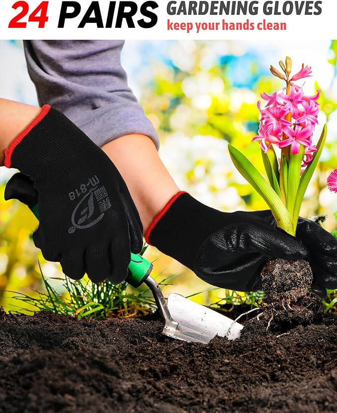 Nuogo 24 Pairs Gardening Gloves for Men Women Rubber Coated Landscaping Work Gloves Safety Work Construction-VerdiqueGarden