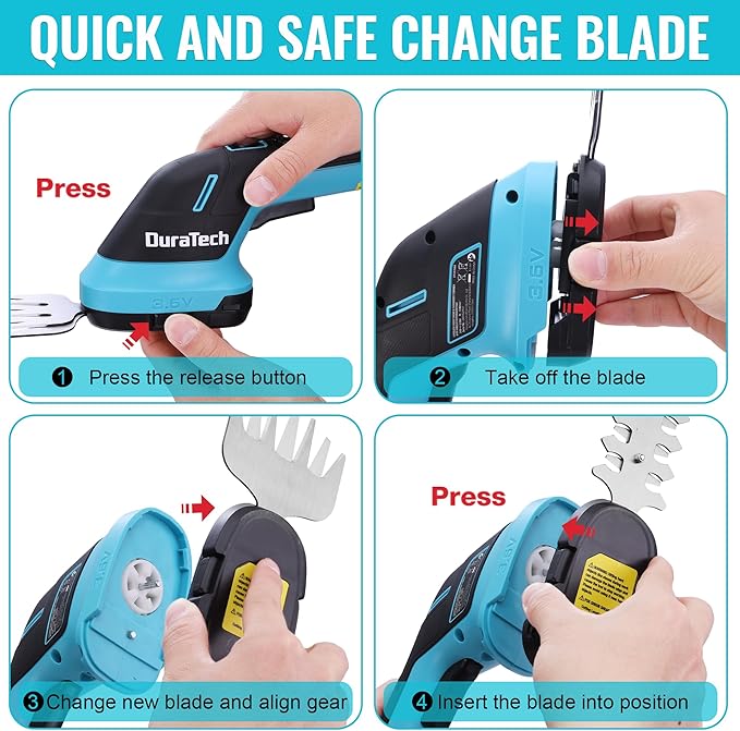 DURATECH Cordless Hedge Trimmer, 3.6V 2-in-1 Handheld Rechargeable Grass Trimmer & Hedge Shears with USB Type-C Cable, Built-in Li-ion Battery, Electric Shrub & Grass Shears for Garden, Yard and Lawn-VerdiqueGarden