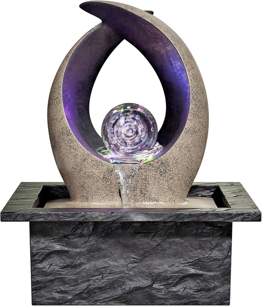 Tabletop Water Fountain, Indoor Desk Waterfall, Meditation Fountain with LED Lights Rolling Ball & Curved Form, Home Office Decor-VerdiqueGarden