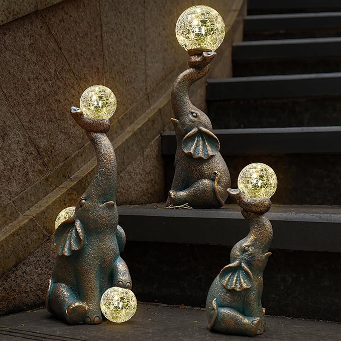 MININOVA Garden Decor Outdoor Statues Elephant with Cracked Glass Balls, Cute Solar Figurine for Patio, Lawn, Yard Art Ornament Decorations (15 LED Lights)-VerdiqueGarden