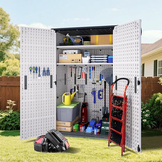 Greesum Outdoor Storage Cabinet Without Shelves, 45 cu.ft Outdoor Waterproof Storage Shed for Garden Tools, Pool Storage, Garbage Cans, White-VerdiqueGarden