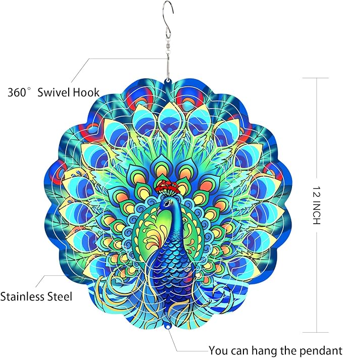 Peacock Wind Spinners Metal Peacock Gifts for Mom Women Grandma,12inch Hanging Wind Spinner for Outdoor&Indoor Decor Wind Kinetic Christmas Ornament Gifts for Yard Garden Decoration-VerdiqueGarden