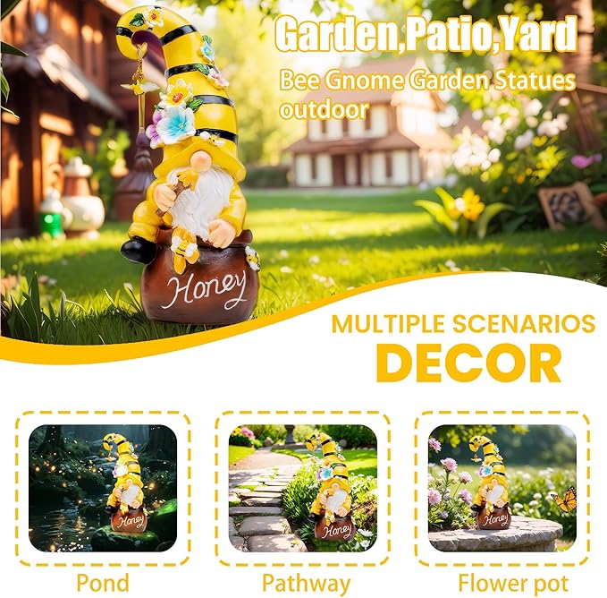 13" Garden Solar Spring Gnomes Statues Outdoor Spring Decor with LED Lighted Bee and Flowers Funny Garden Sculpture for Patio Yard Lawn Decorations Gifts-VerdiqueGarden