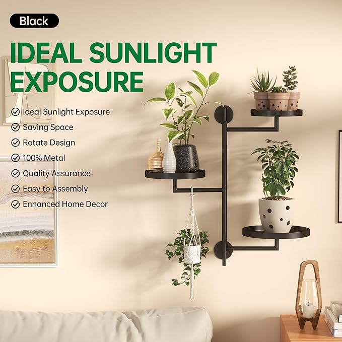 Rotating Window Wall Plant Shelves Stand Holder, 3 Tiered Metal Floating Plant Shelf Hanger Indoor , Window Sill Gifts-VerdiqueGarden