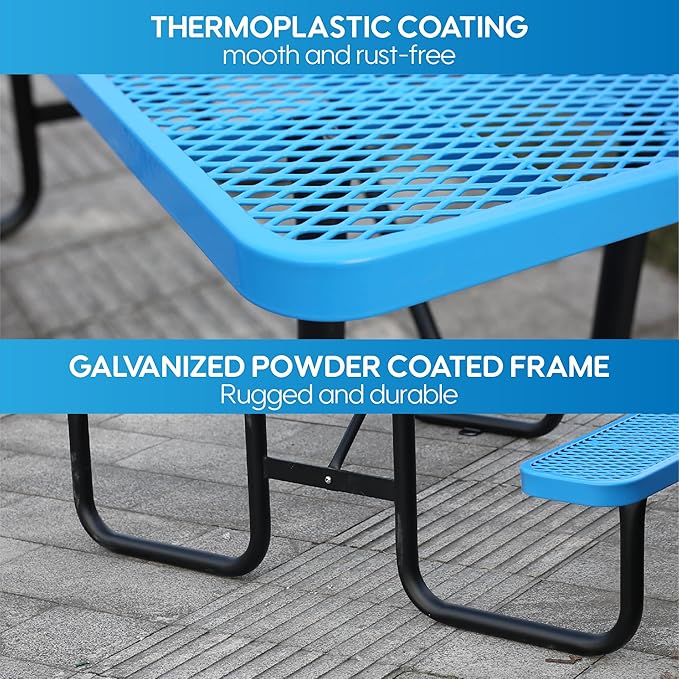 6FT Metal Picnic Tables for Outdoors, Commercial Rectangular Picnic Table and Bench Set for Outside, Patio, Garden, Backyard, Porch, Surface Mount, Blue-VerdiqueGarden