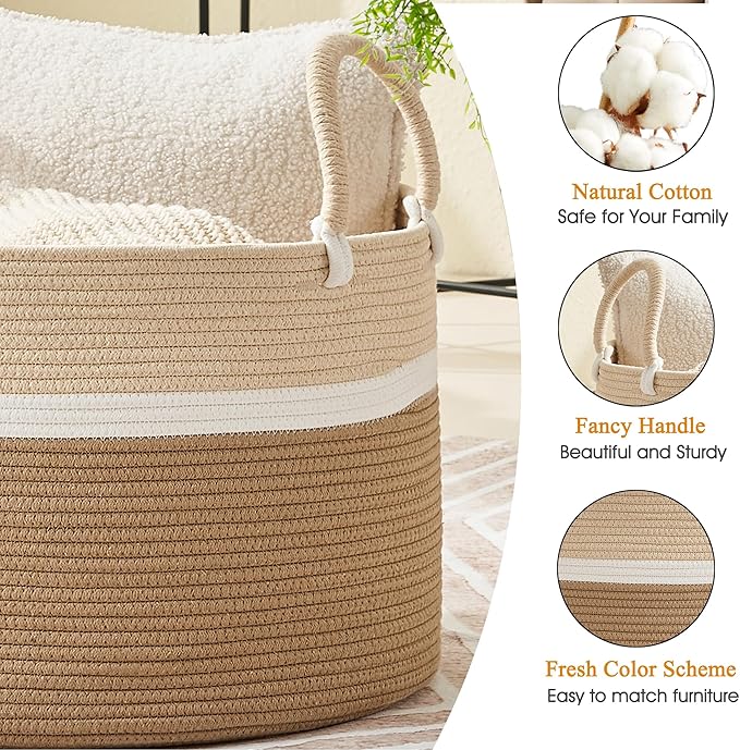 KAKAMAY Large Blanket Basket (20"x13"),Woven Baskets for storage Baby Laundry Hamper, Cotton Rope Blanket Basket for Living Room, Laundry, Nursery, Pillows, Baby Toy chest (White and Brown)-VerdiqueGarden