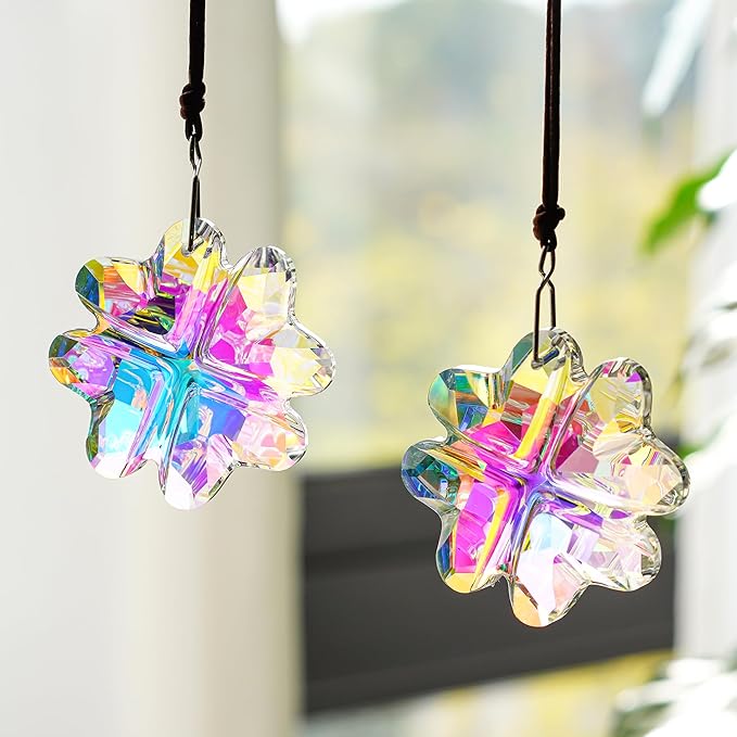 HDCRYSTALGIFTS 2PCS Crystal Prisms Suncatchers for Windows Christmas Ornaments,Lucky Four Leaf Clover Rainbow Maker Hanging Prism Sun Catchers for Home Garden Decoration,45mm-VerdiqueGarden