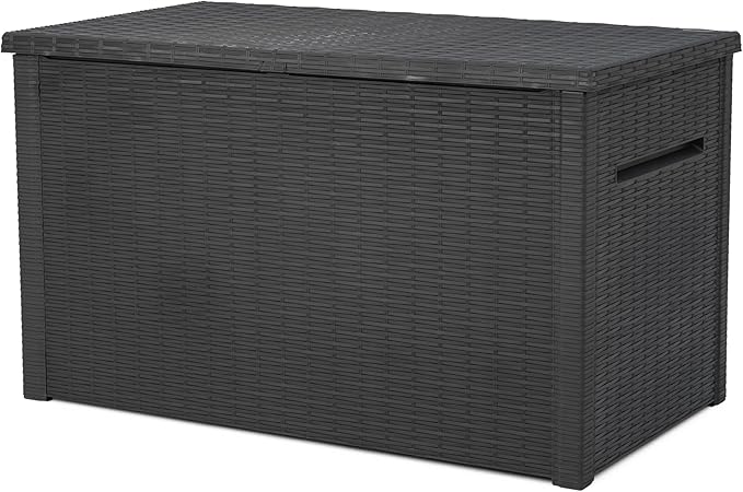 Keter Java XXL 230 Gallon Resin Rattan Look Large Outdoor Storage Deck Box for Patio Furniture Cushions, Pool Toys, and Garden Tools, Dark Grey-VerdiqueGarden